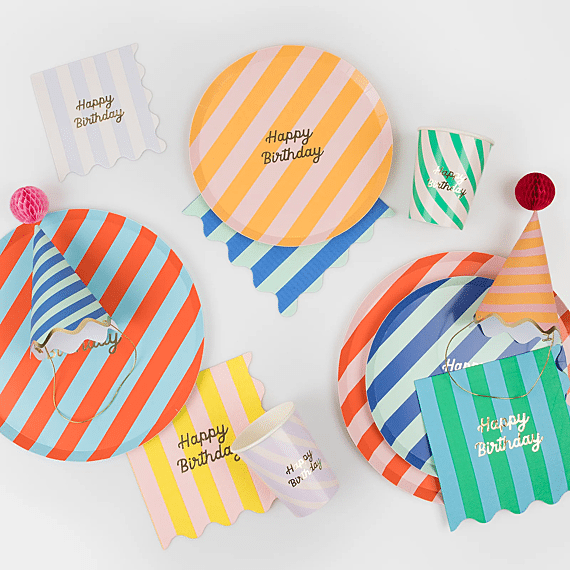 Feestbekers Striped Happy Birthday Cups - Set Van 8