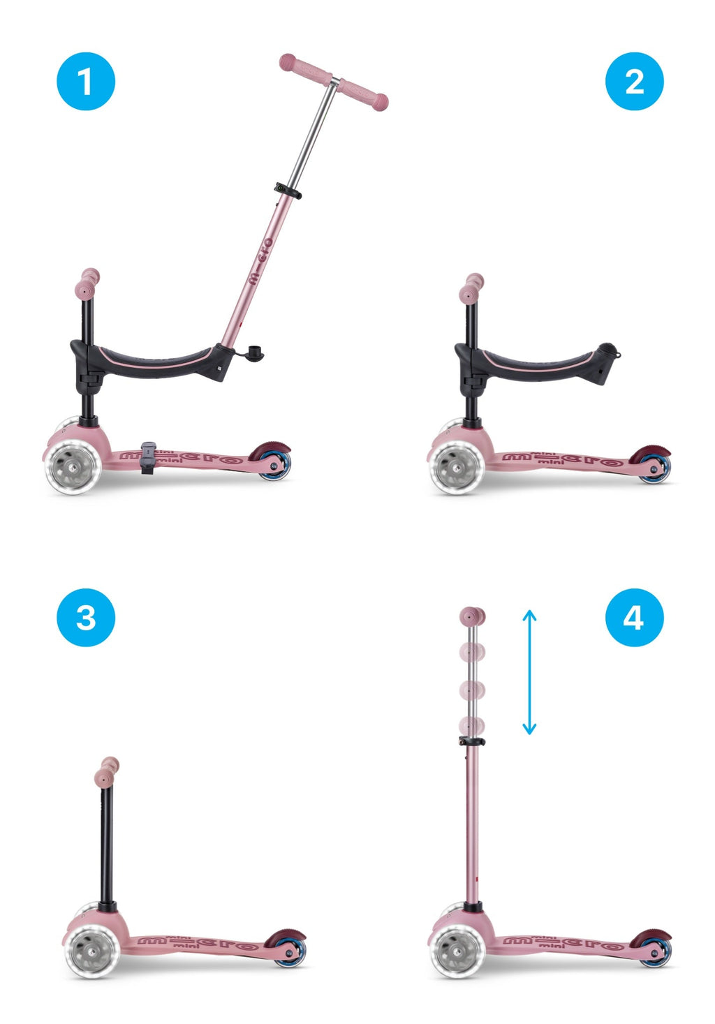 Micro Mini2Grow 4in1 step 2.0 LED roze - Steppen Micro Mobility - In den Olifant