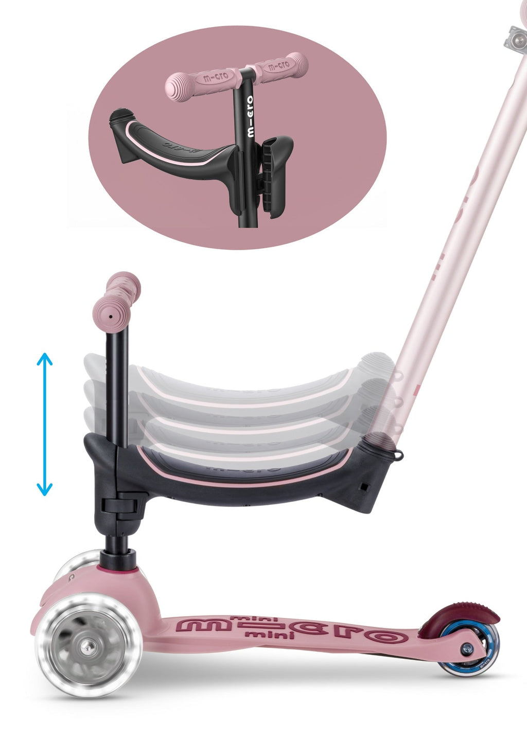 Micro Mini2Grow 4in1 step 2.0 LED roze - Steppen Micro Mobility - In den Olifant