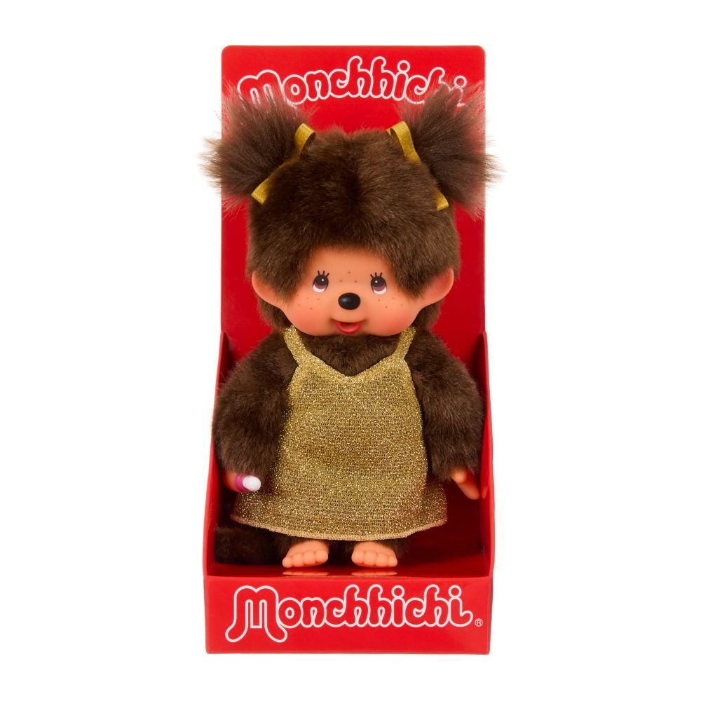 Monchhichi Meisje in gouden glitterjurk - 20 cm - Fantasieknuffels Monchhichi - In den Olifant