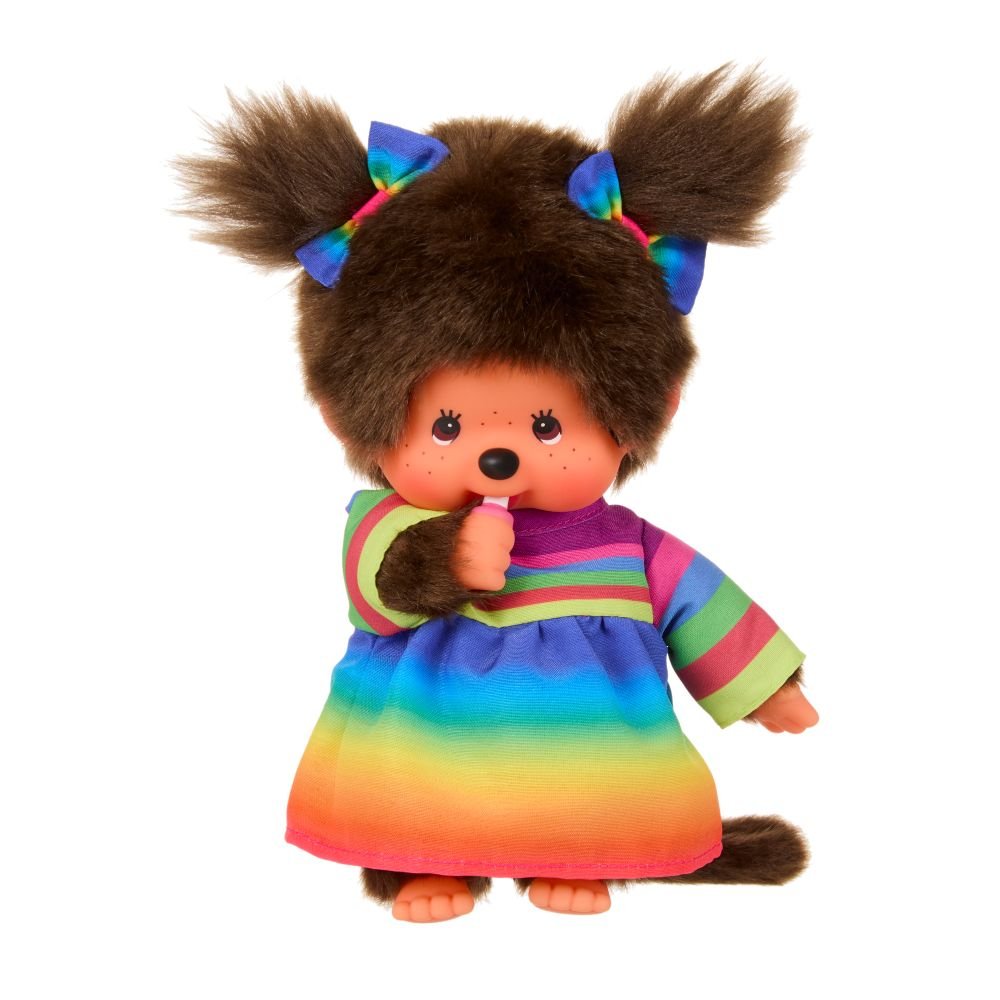 Monchhichi Meisje in regenboogjurk - 20 cm - Fantasieknuffels Monchhichi - In den Olifant