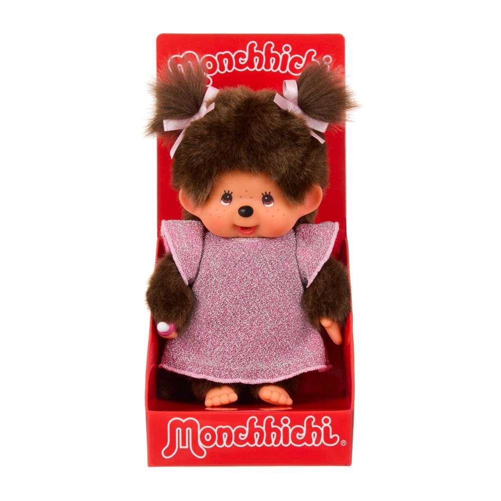 Monchhichi Meisje in roze glitterjurk - 20 cm - Fantasieknuffels Monchhichi - In den Olifant