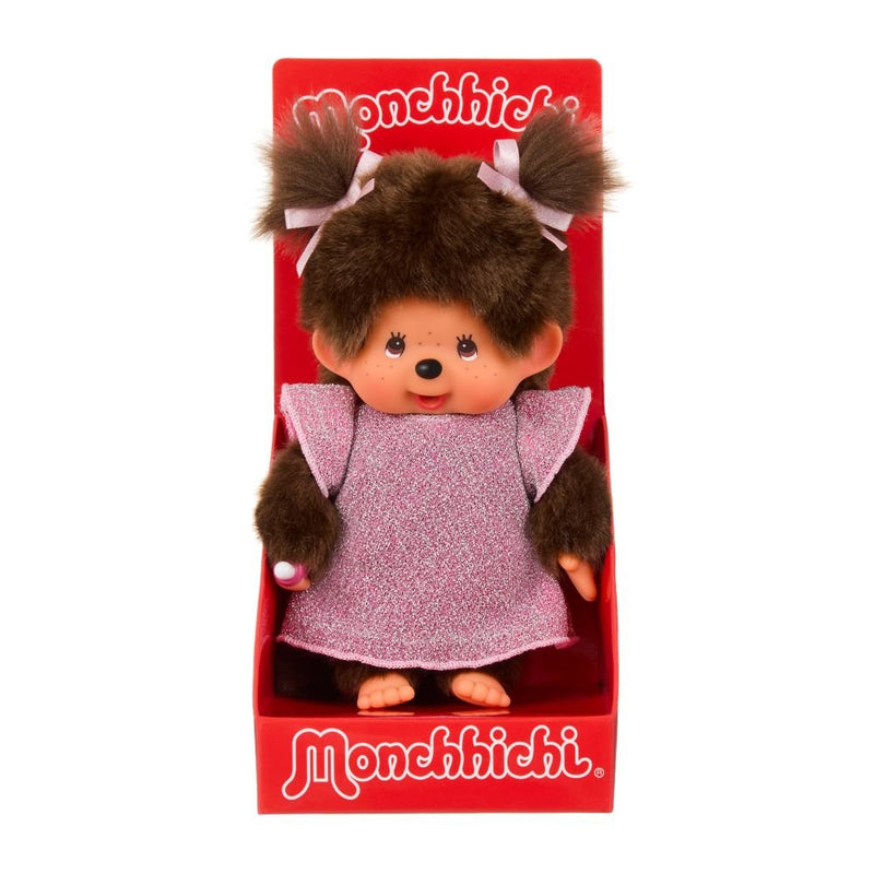Monchhichi Meisje in roze glitterjurk - 20 cm - Fantasieknuffels Monchhichi - In den Olifant