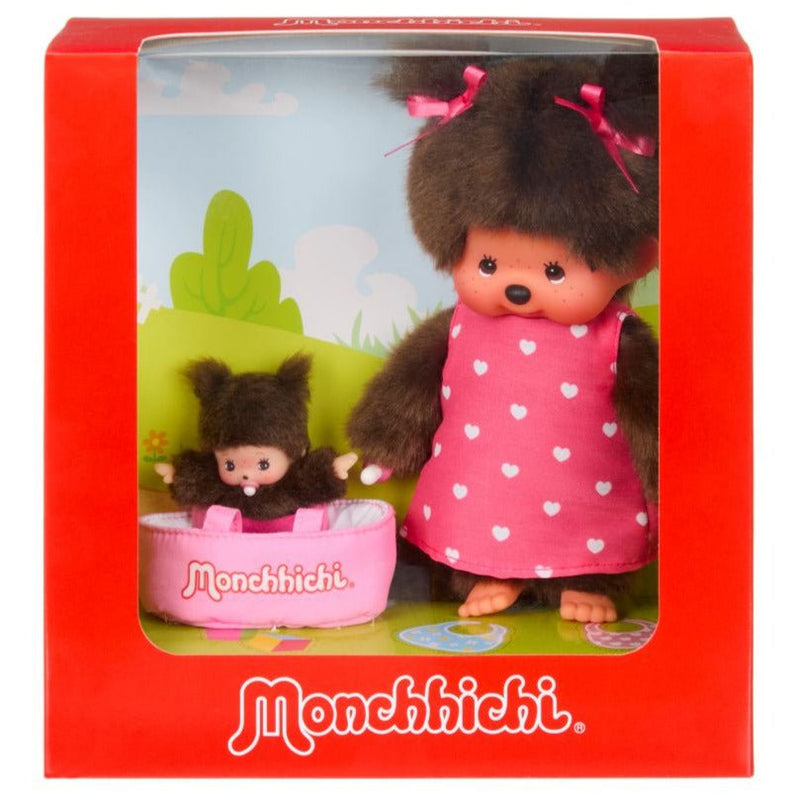 Monchhichi speelfiguur met MiniBebichhichi in draagmandje - 20 cm - Fantasieknuffels Monchhichi - In den Olifant