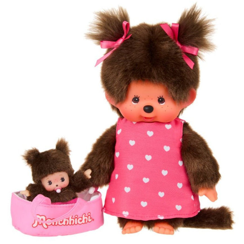 Monchhichi speelfiguur met MiniBebichhichi in draagmandje - 20 cm - Fantasieknuffels Monchhichi - In den Olifant
