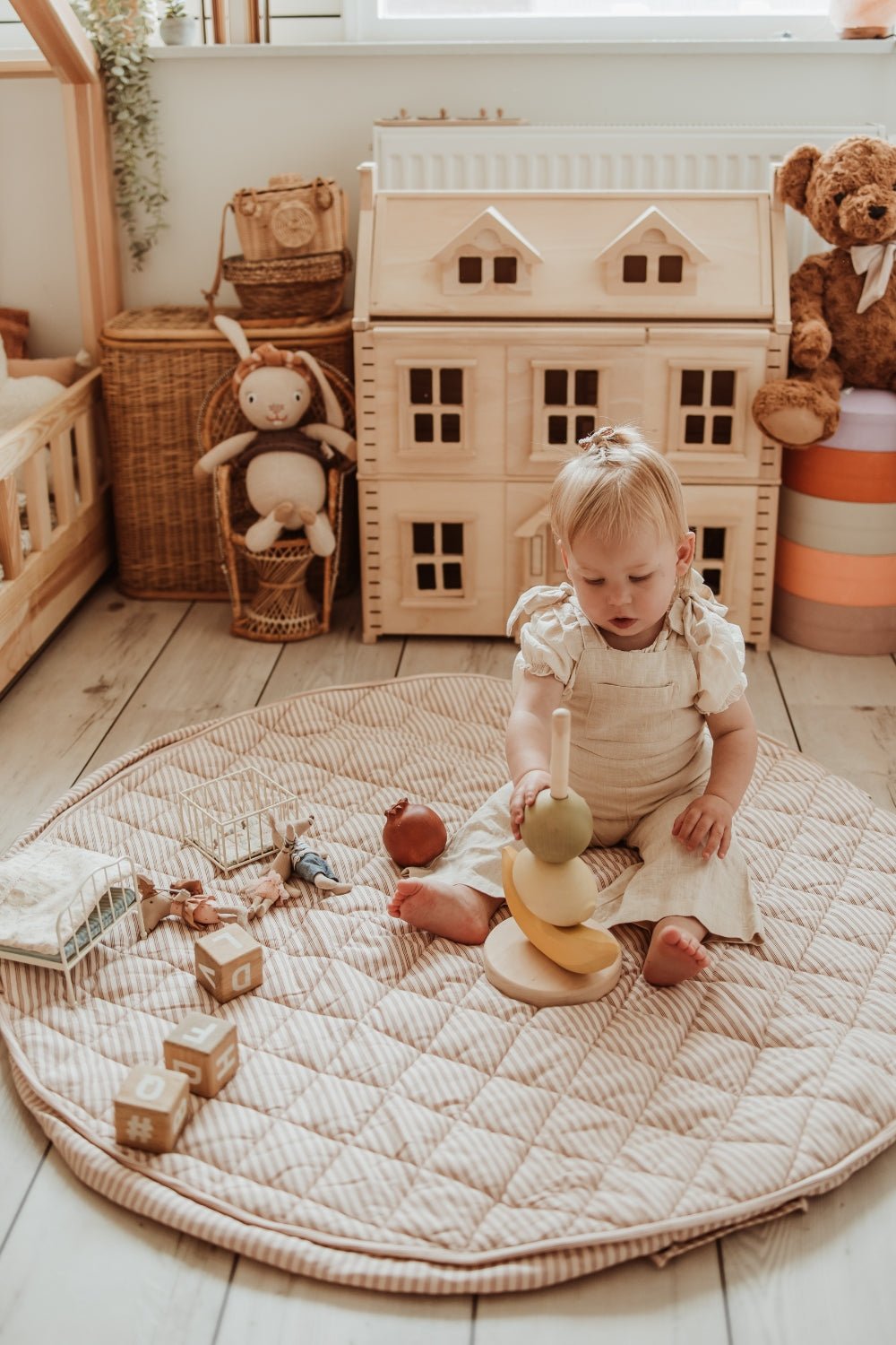 Noomad opbergzak en speelmat - Soft Stripes Brown - Opbergers Play&go - In den Olifant
