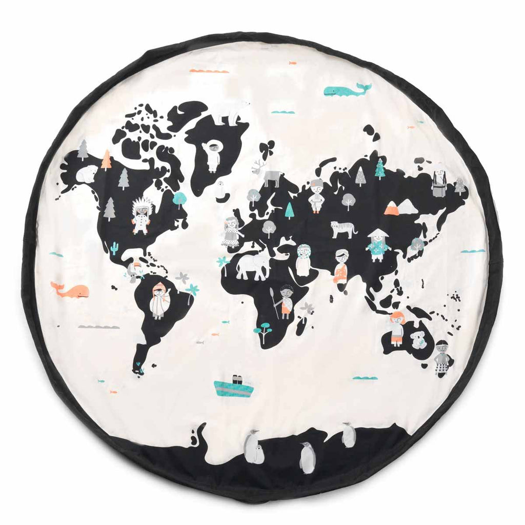 Noomad opbergzak en speelmat - Worldmap Black White - Opbergers Play&go - In den Olifant