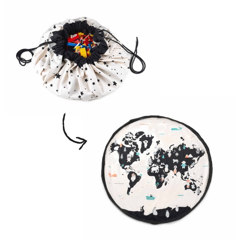Noomad opbergzak en speelmat - Worldmap Black White - Opbergers Play&go - In den Olifant