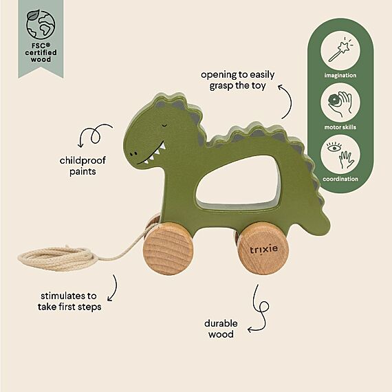 Trekspeeltje - Wooden Pull Along Toy Mr Dino