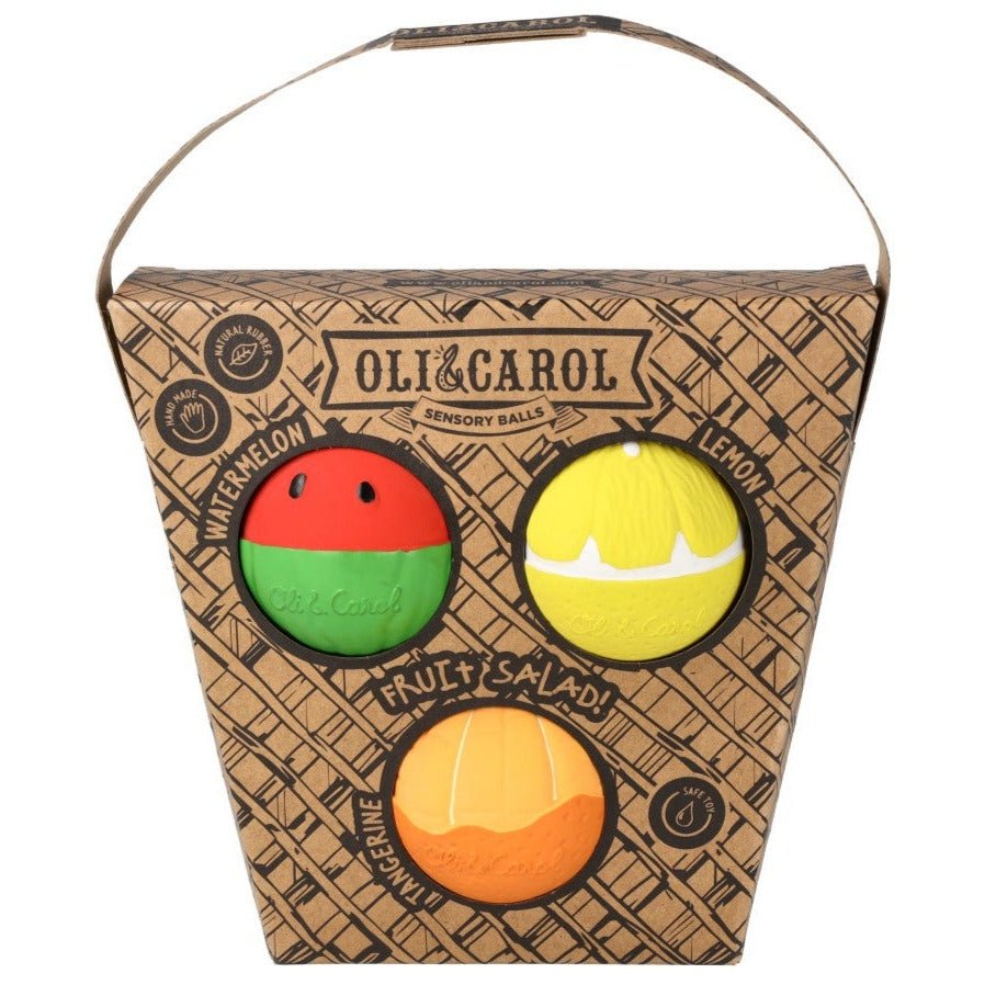 Sensorische babyballetjes Fruit Salad - set van 3 - Activiteitenspeelgoed Oli&Carol - In den Olifant