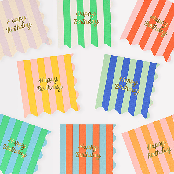 Servetten Striped Happy Birthday Napkins Large - Set Van 16