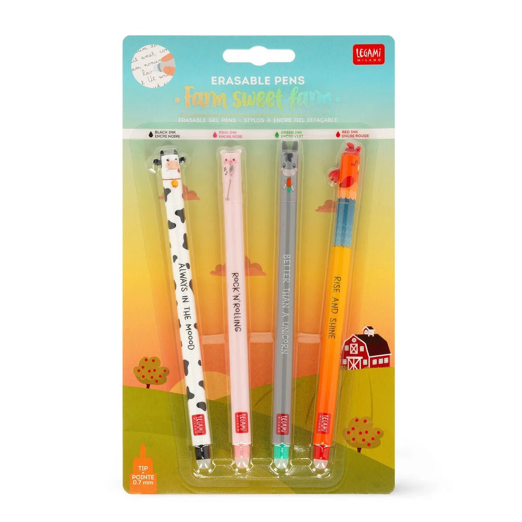Set van 4 uitwisbare pennen Erasable Gel Pens - Cow + Piggy + Donkey + Rooster - Schrijfwaren Legami - In den Olifant