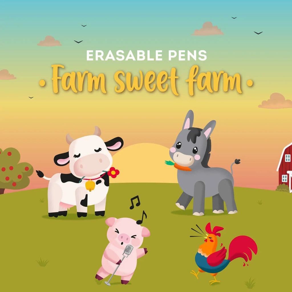 Set van 4 uitwisbare pennen Erasable Gel Pens - Cow + Piggy + Donkey + Rooster - Schrijfwaren Legami - In den Olifant