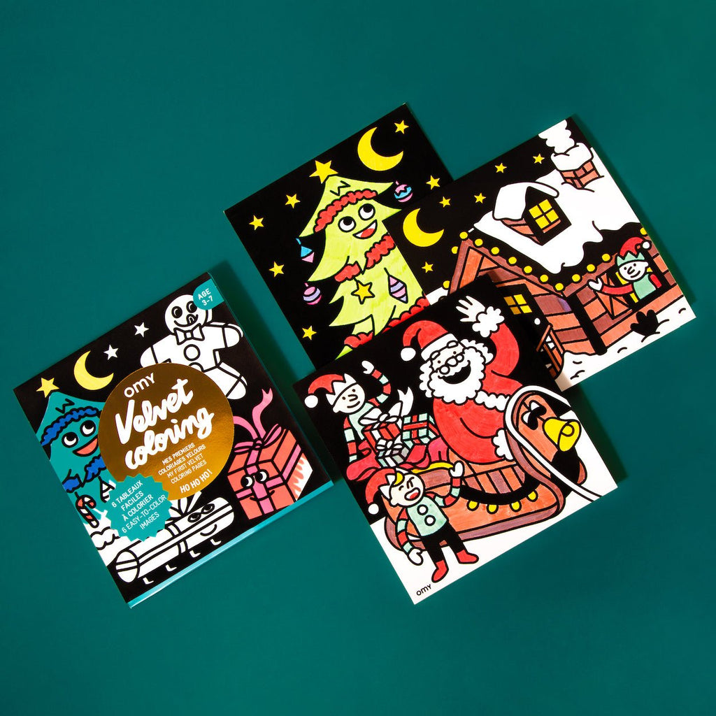 Set van 6 fluwelen kleurplaten Velvet Coloring - HO HO HO - Kleuren en tekenen Omy - In den Olifant