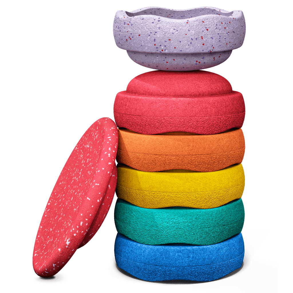Stapelstein® Winter Special Rainbow Set classic - set van 6 + balansbord - Open ended speelgoed Stapelstein - In den Olifant