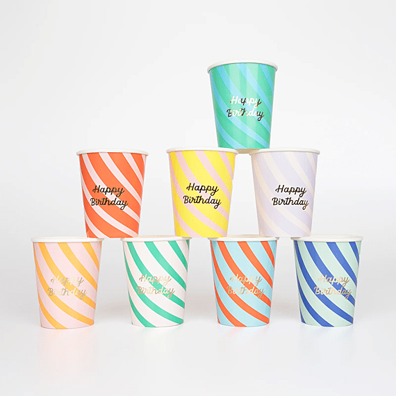 Feestbekers Striped Happy Birthday Cups - Set Van 8