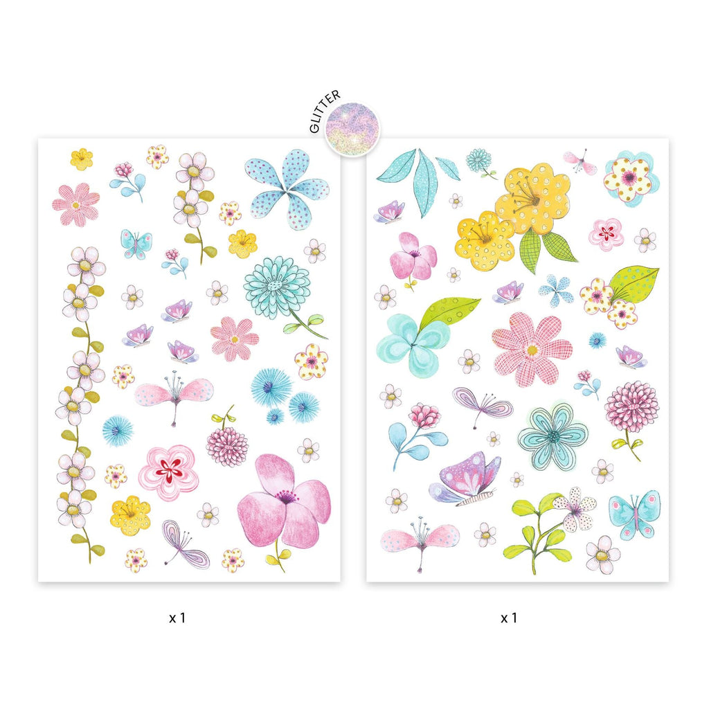 Tattoos Veldbloemen met glitters - set van 50+ - Kinderschmink en tattoos Djeco - In den Olifant