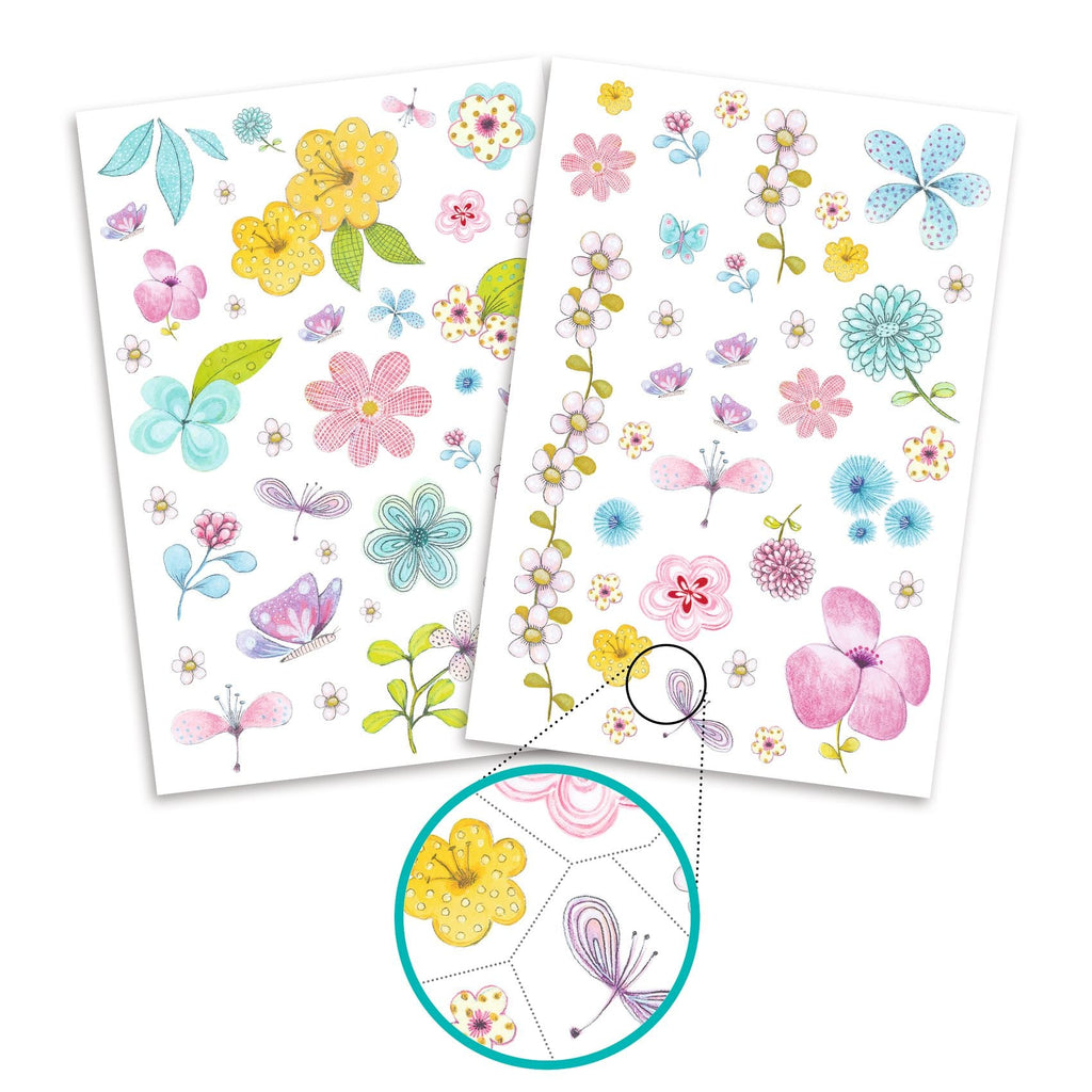 Tattoos Veldbloemen met glitters - set van 50+ - Kinderschmink en tattoos Djeco - In den Olifant