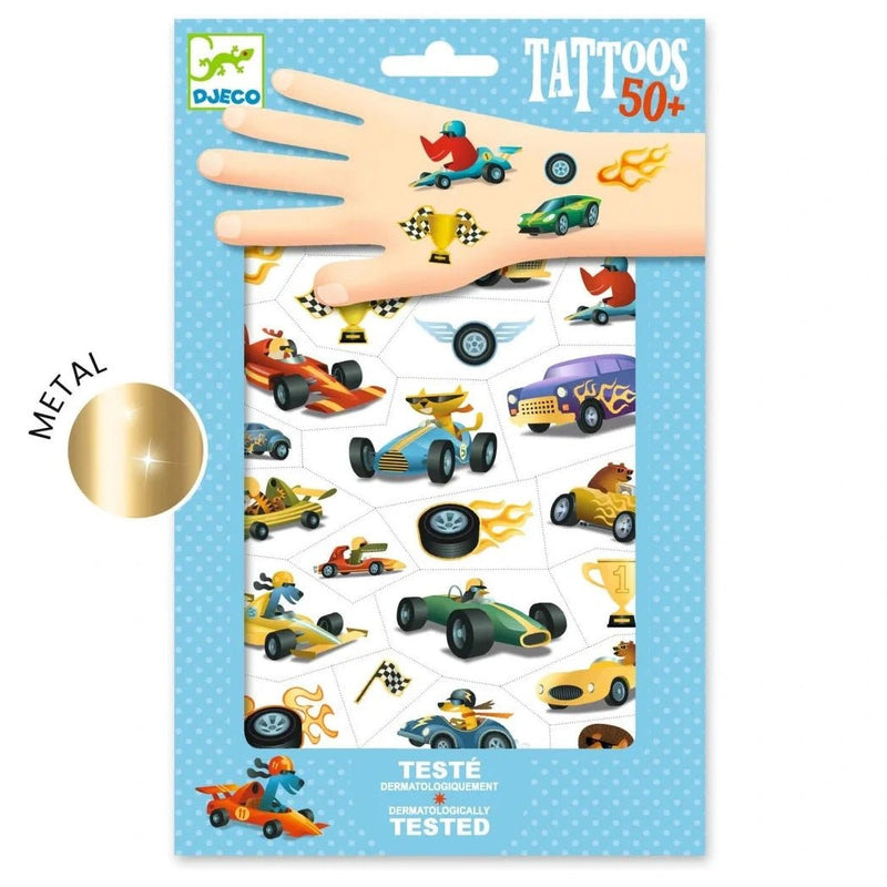 Tijdelijke plaktattoos Raceauto's - set van 50+ - Kinderschmink en tattoos Djeco - In den Olifant
