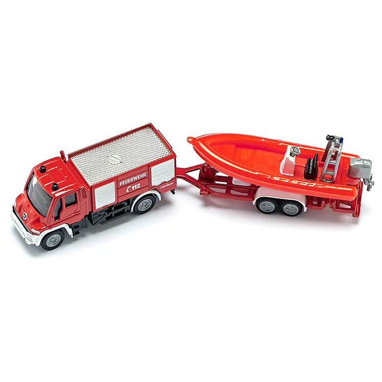 Unimog - brandweerwagen met boot - Auto's en voertuigen Siku - In den Olifant