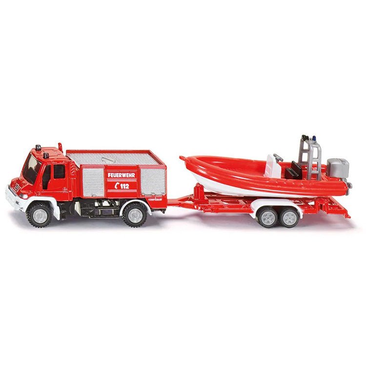 Unimog - brandweerwagen met boot - Auto's en voertuigen Siku - In den Olifant