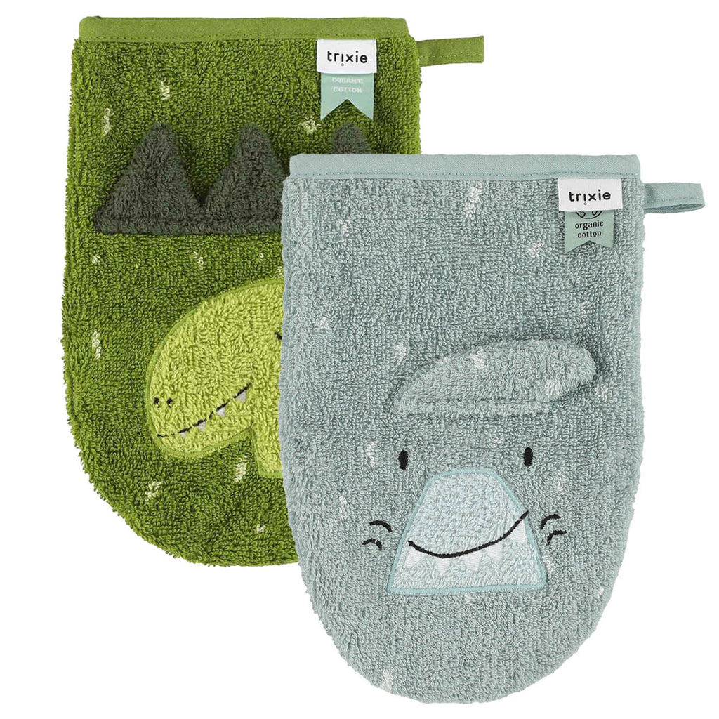 Washandjes Mr. Shark & Mr. Dino - set van 2 - Badlinnen Trixie - In den Olifant